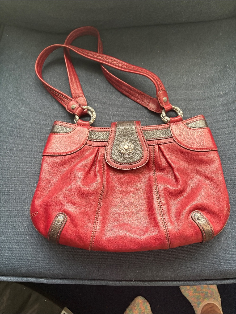 Brighton burgundy Leather Shoulder Bag with Brown Accents